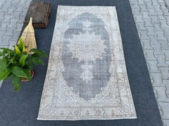 4′ x 7′ Vintage Neutral Small Rug, Turkish Oushak Wool Rug, Gray Beige Area Rug