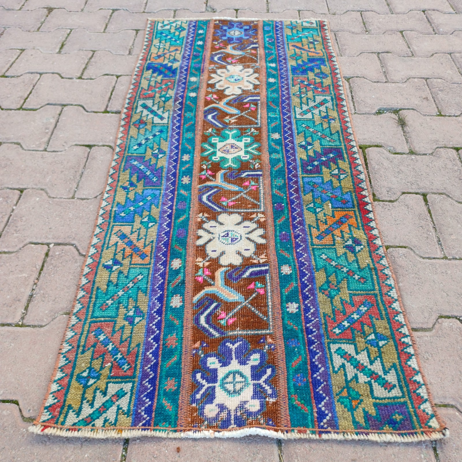 Turquoise Brown 1x4 ft Vintage Turkish Wool Accent Rug For Entryway- Tariff Free gallery