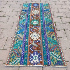 Turquoise Brown 1×4 ft Vintage Turkish Wool Accent Rug For Entryway- Tariff Free