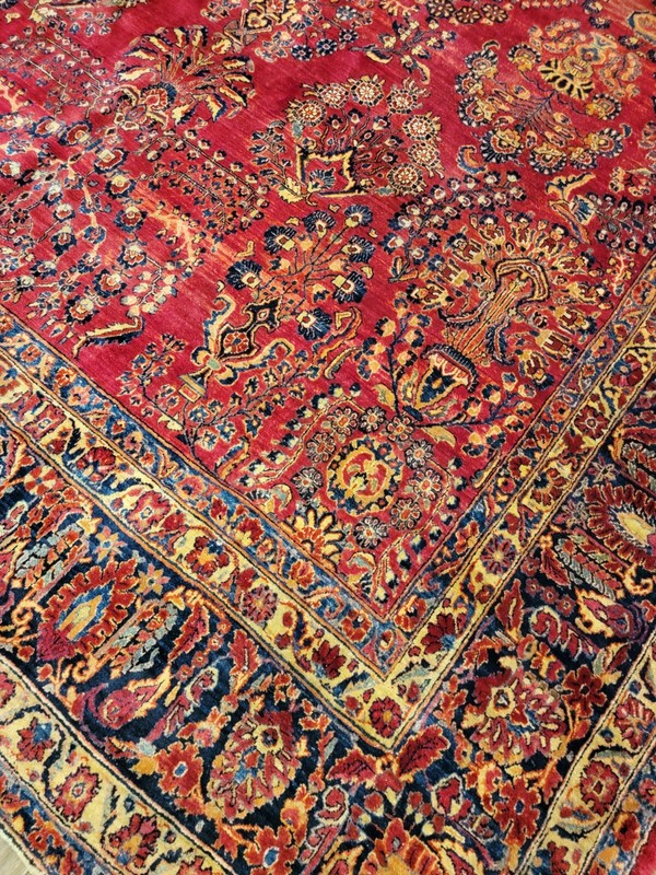Antique hand knotted traditional design Sarouk rug size 10'2"×13' deep red gallery