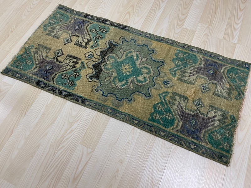Antique Turkish Rug 1.5x3.3 ft Vintage Muted Green Purple Carpet Wool Boho Mat gallery