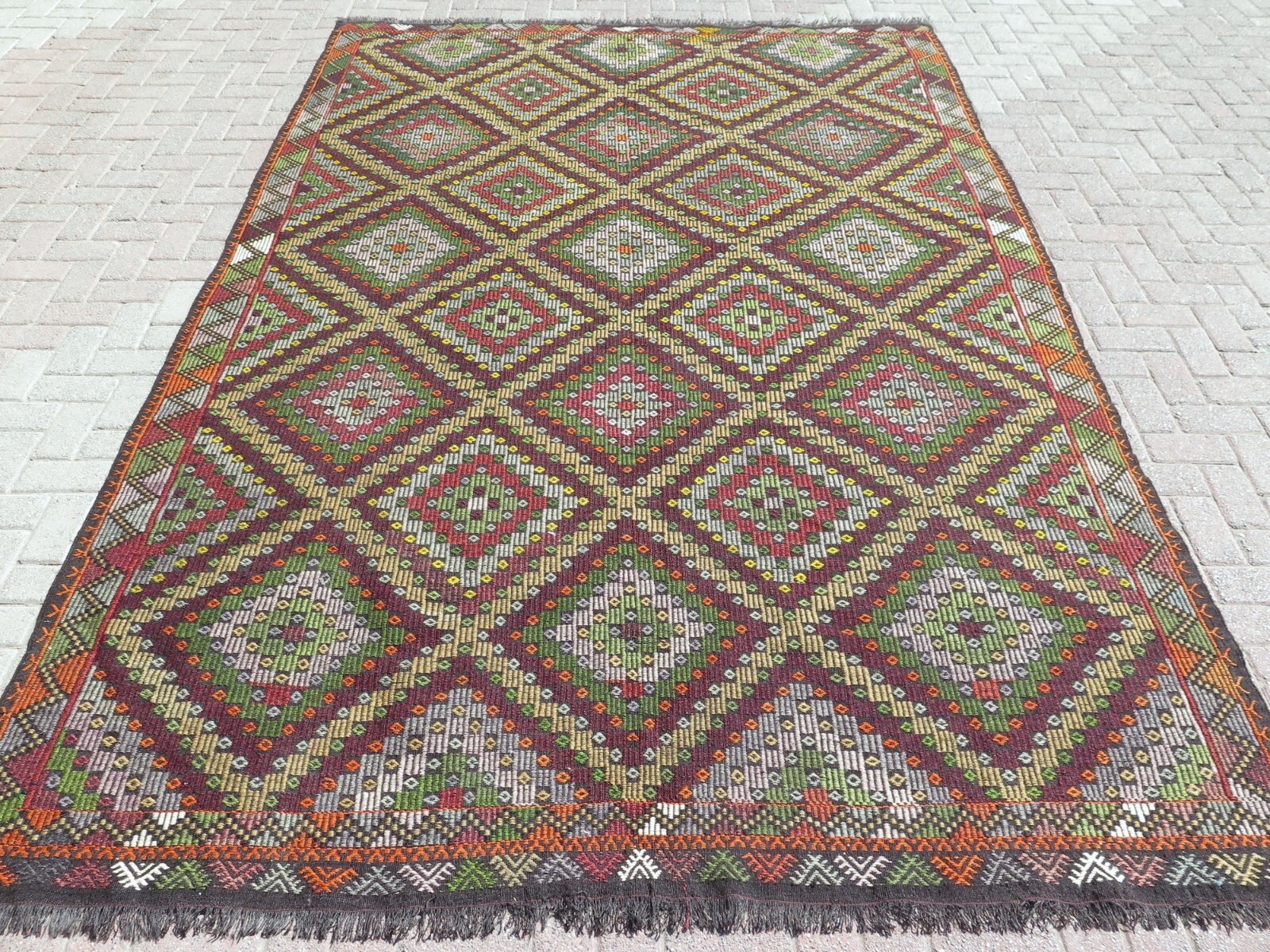 Vintage Multicolor Geometric Turkish Rug, Large Handwoven Cecim Carpet 92"x138" gallery