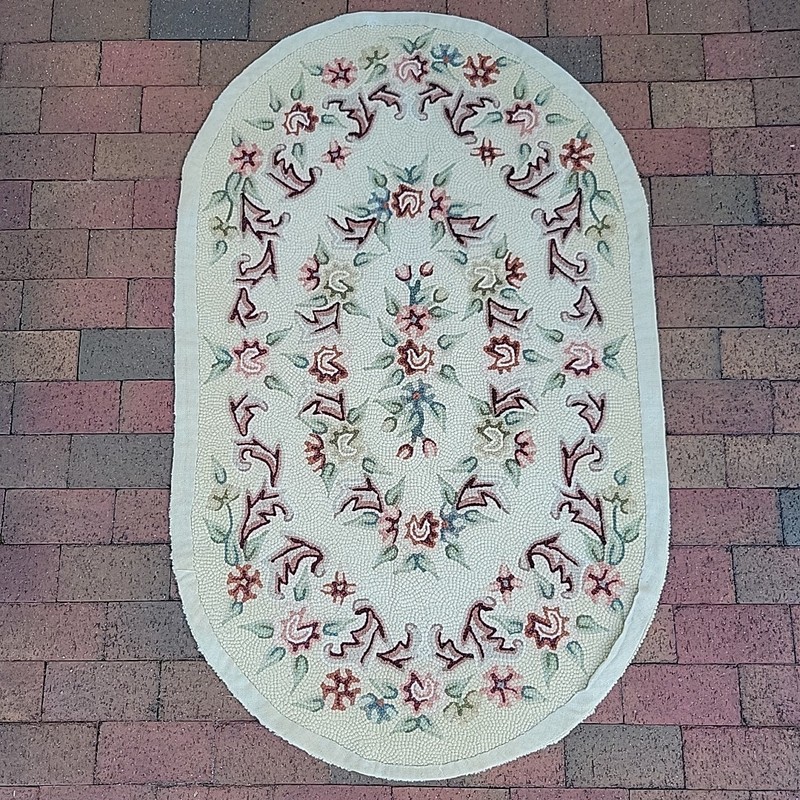 Floral Needlepoint Rug Oval Handmade Primitive Punch Needle Earth Tone 33x54 GVC gallery