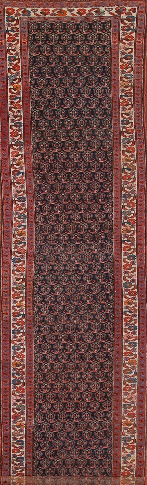 Pre-1900 Vegetable Dye Navy Blue Wool 16 ft Runner Hand-made Antique Rug 4x16