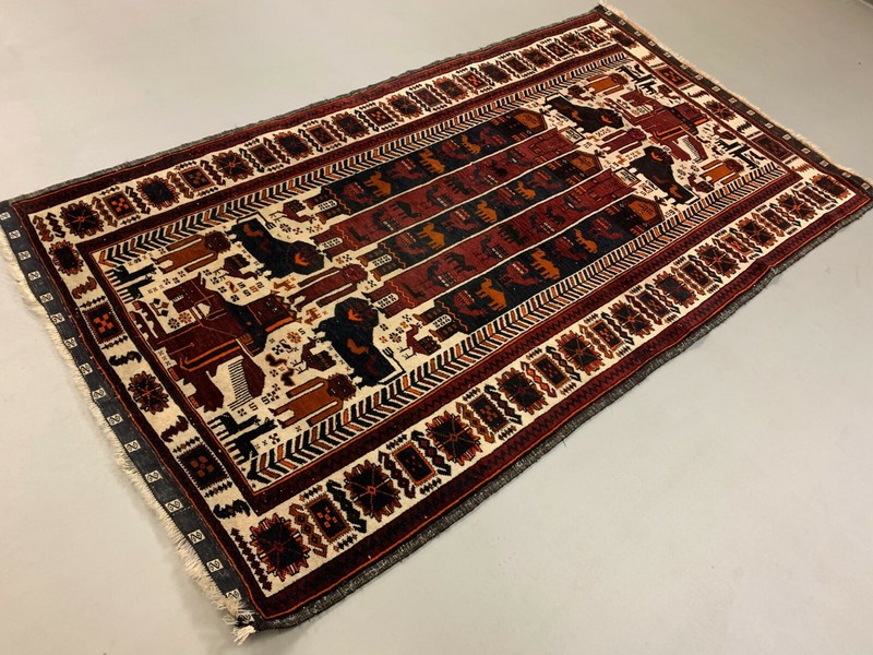 Vintage Tribal Lion Rug 204x110 cm, Old Tribal Wool Carpet, Black, Red Cream gallery