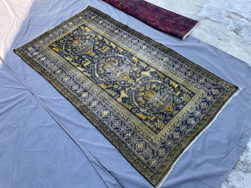 1920s Terracotta Antique Afghan Rug 4x7 Blue Faded Geometric Baluchi Area Carpet gallery