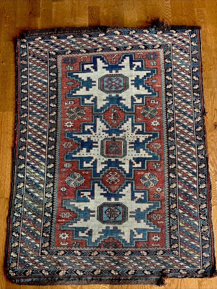 1840’s-1860’s Antique Caucasian Kuba Lesghi Star Rug 3x4 Ivory Blue Bronze Rose