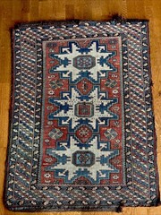 1840’s-1860’s Antique Caucasian Kuba Lesghi Star Rug 3×4 Ivory Blue Bronze Rose