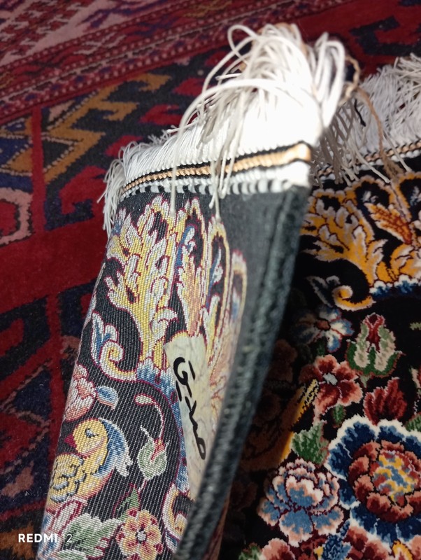 Small Sherazi Silk Rug 40x40cm - Ornate Flower Bouquet Vase Black Wall Hanging gallery