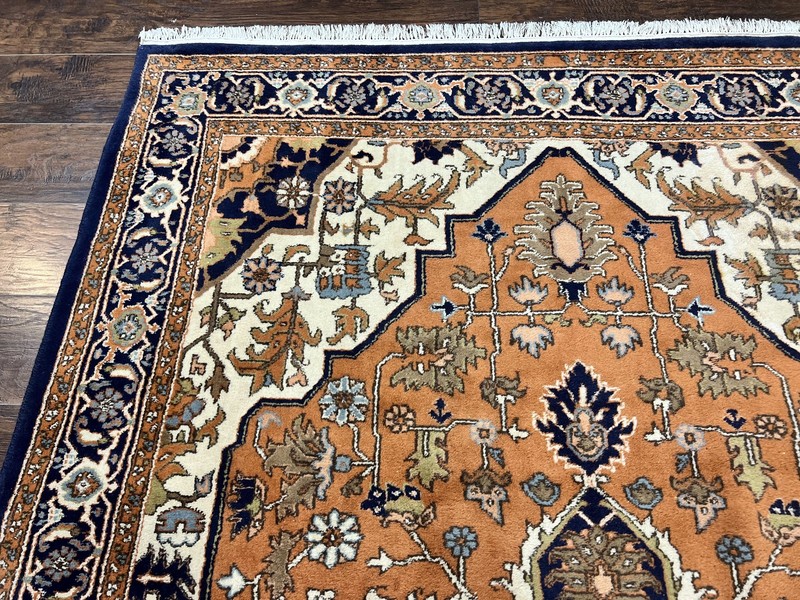 Indo Heriz Rug 6x8 Wool Handmade Vintage Carpet Orange-Red Ivory Navy Medallion gallery