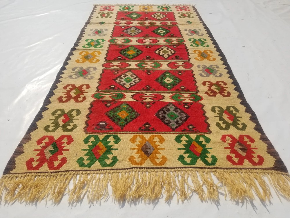 Vintage Traditional Handmade Turkish Wool Red Kilim 6x3.3ft