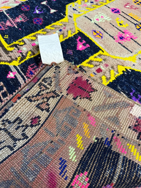 Oriental Hand-Knotted Wool Runner Turkish Oushak Navy Blue/Ivory/Pink 4' x 8'3" gallery