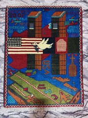 Handmade Afghan War Rug 2.5×2 ft – 9/11 Twin Towers Design | Wool Tribal Art Car
