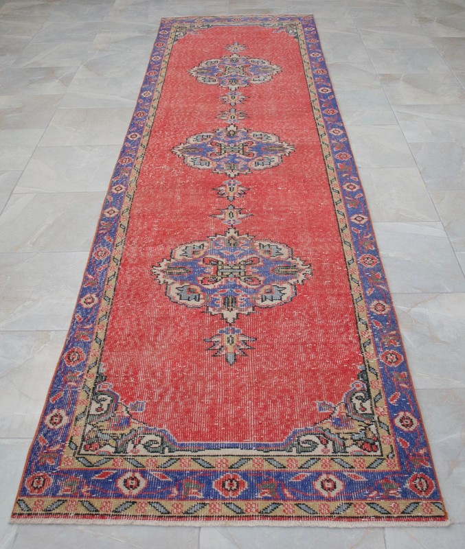 Vintage Turkish Runner Rug Hand-Knotted 1970s Oushak Distressed Low Pile 3x12 ft gallery