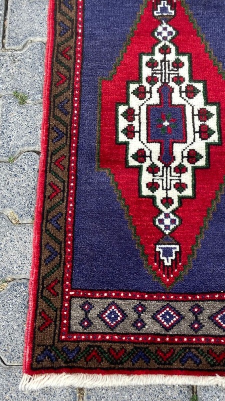 Vintage Turkish Small Rug, 1.8x3.4 ft Red and Blue Carpet, Handmade Kitchen Rug gallery