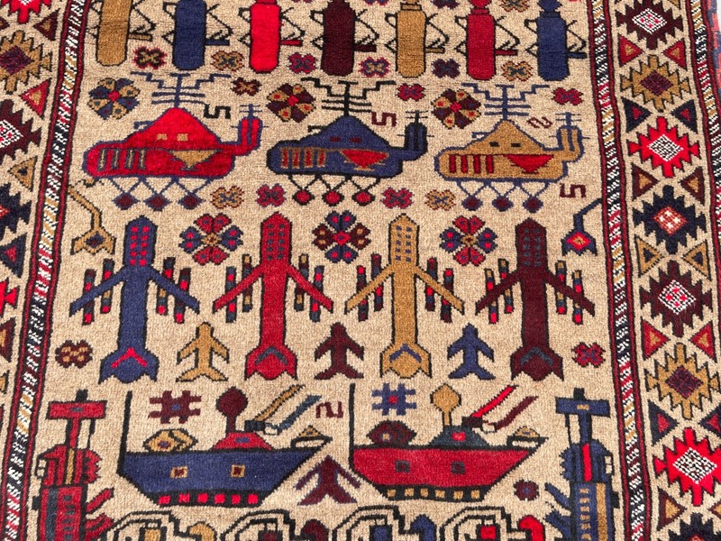 3'11x6'2 Ft Vintage Afghan War Rug Tank Helicopter Handwoven Kilim Rug gallery