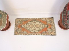 Vintage Turkish Door Mat 1×3 ft | Handmade Wool Orange Rug | 45×90 cm