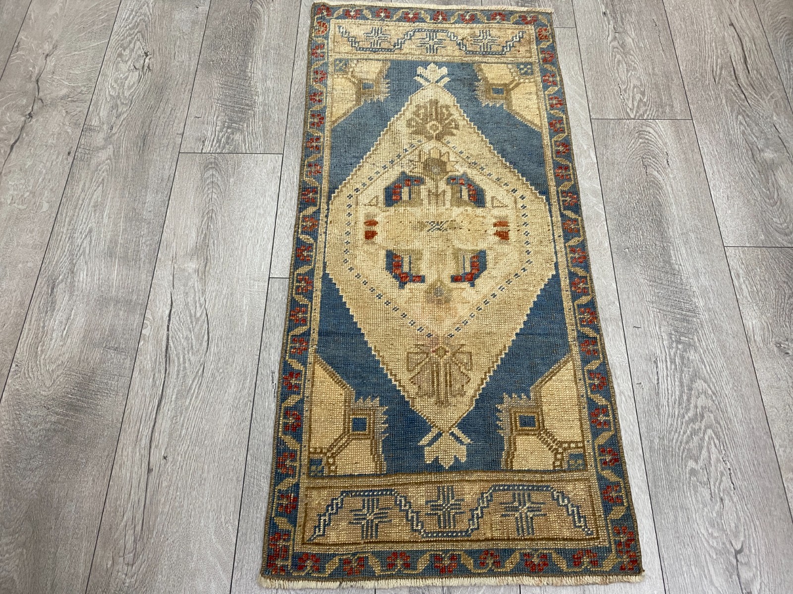 Turkish Vintage Rug Handwoven Blue Beige Small Medallion Doormat 1.6x3.5 ft gallery