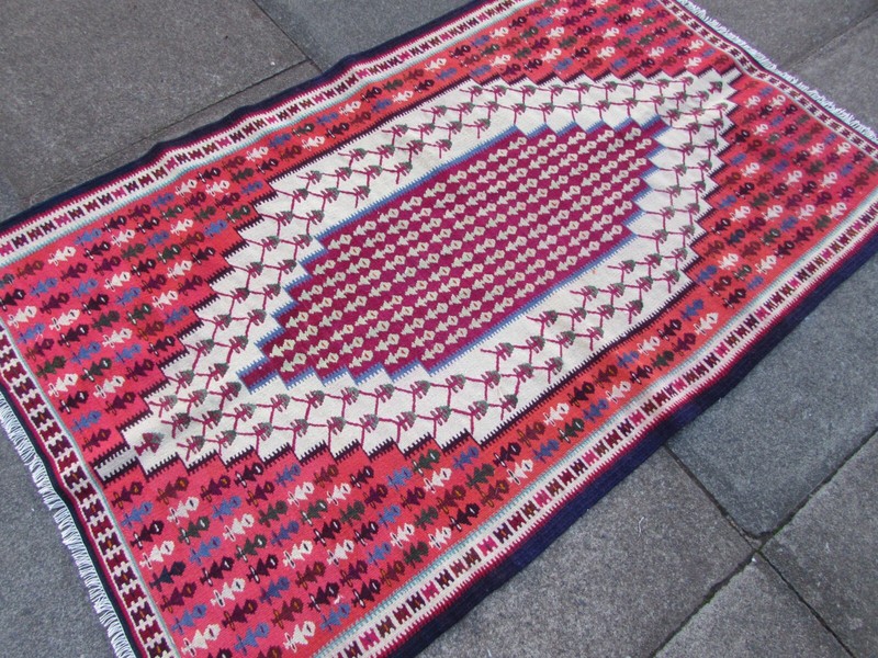 Vintage Traditional Hand Made Oriental Wool Red Pink Small Kilim 154x95cm gallery