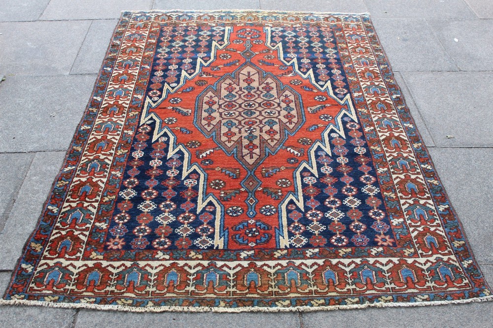 Antique Worn Hand Made Traditional Oriental Wool Red Blue Large Rug 201x136cm