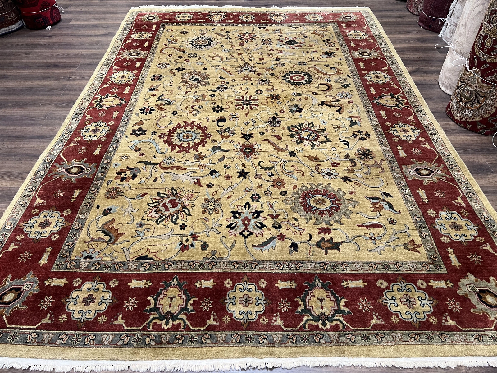 Indian Mahal Rug 8x12 Wool Handmade Oriental Carpet Light Gold Burgundy Floral gallery