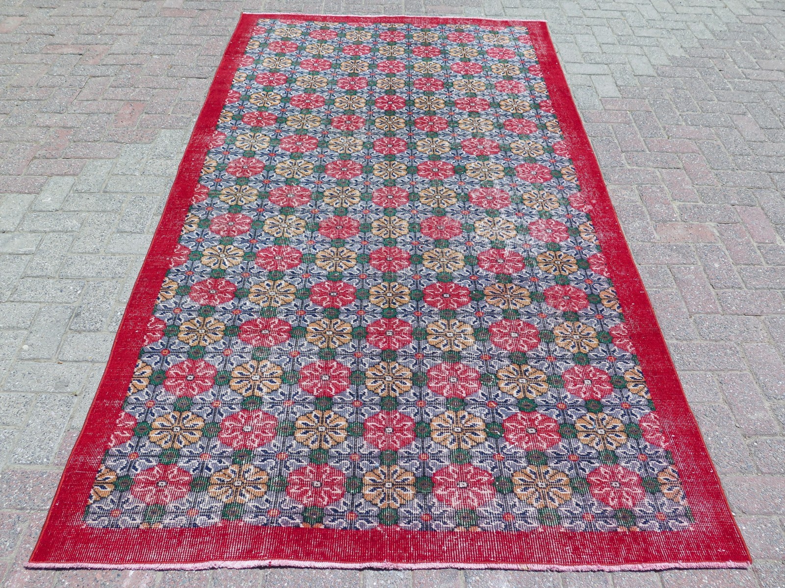 Red Roses Vintage Turkish Handmade Carpet, Distressed Wool Large Rug 58"x106" gallery
