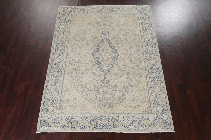 Vintage Distressed Wool Rug 7x9 Ft Handmade Beige Floral Oriental Area Rug gallery