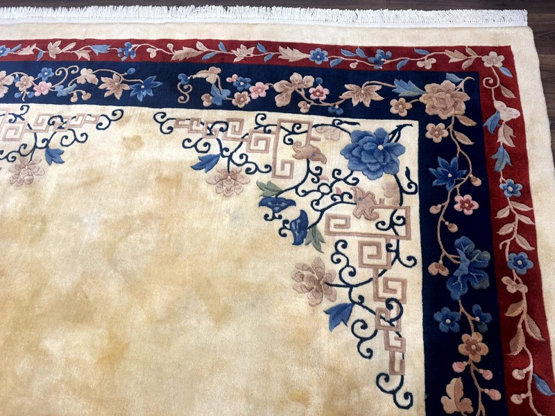 Chinese Rug 10x14 – Cream and Navy, 90 Line Vintage Wool Carpet gallery