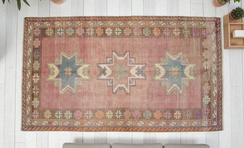 4x8 Rug Handmade Area Rug Low Pile Turkish Tribal Wool Rug Ethnic Rug 4′4″x7′7″ gallery