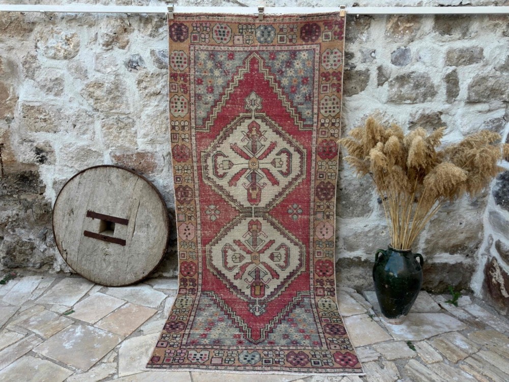 Hand-Knotted Vintage Area Rug 4x9 Red Wool Geometric Carpet Muted Medium Size