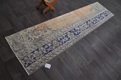 Vintage Turkish Runner Rug 2x9ft Wool Anatolian Handmade Hallway Oushak BLUE