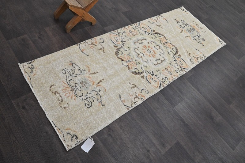 Vintage Turkish Runner Rug 2x7ft Wool Anatolian Handmade Hallway Oushak BEIGE gallery