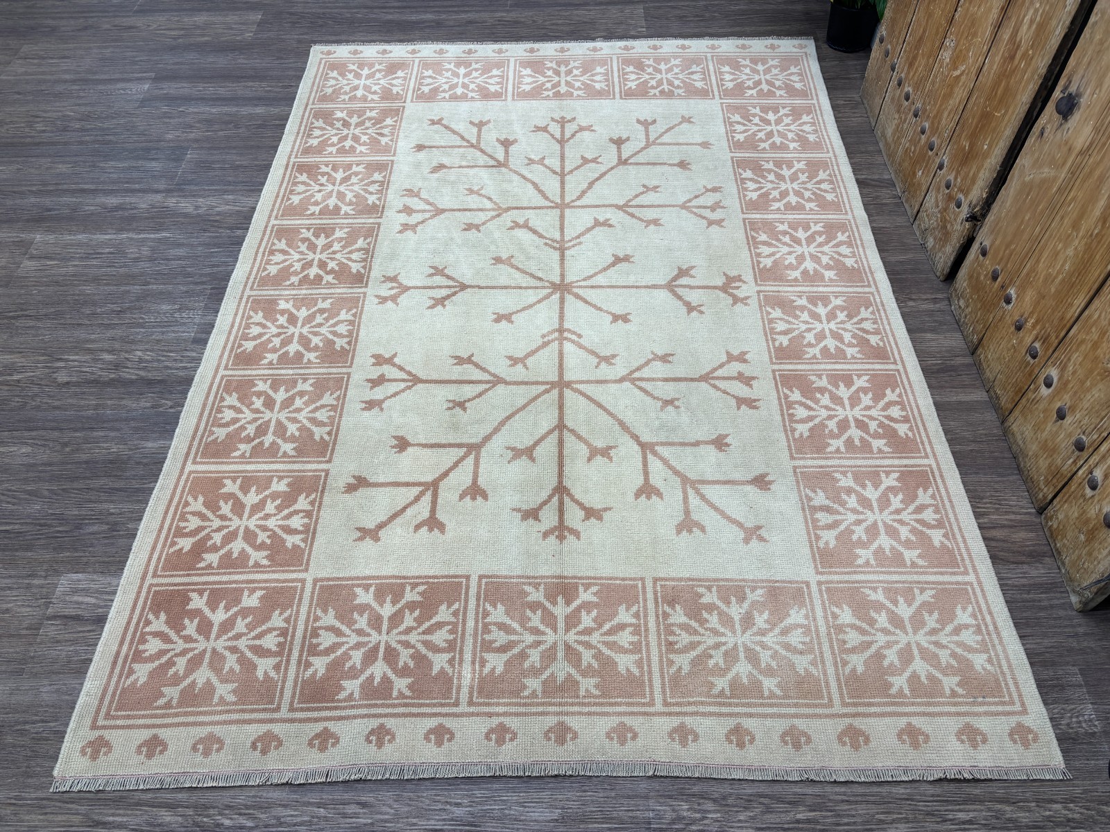 5x8 Tree of Life Vintage Turkish Area Rug, Handmade Cream & Pink Neutral Oushak gallery