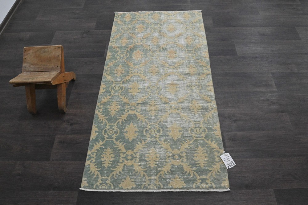 Vintage Turkish Runner Rug 2x5ft Wool Anatolian Handmade Hallway Oushak GREEN