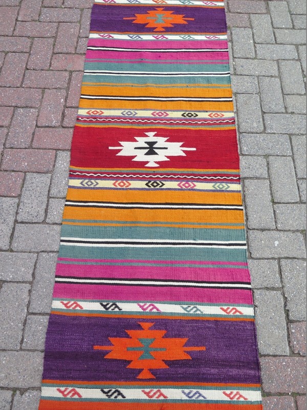 Multicolor Striped Vintage Turkish Runner Kelim, Handwoven Wool Boho Rug 25"x97" gallery