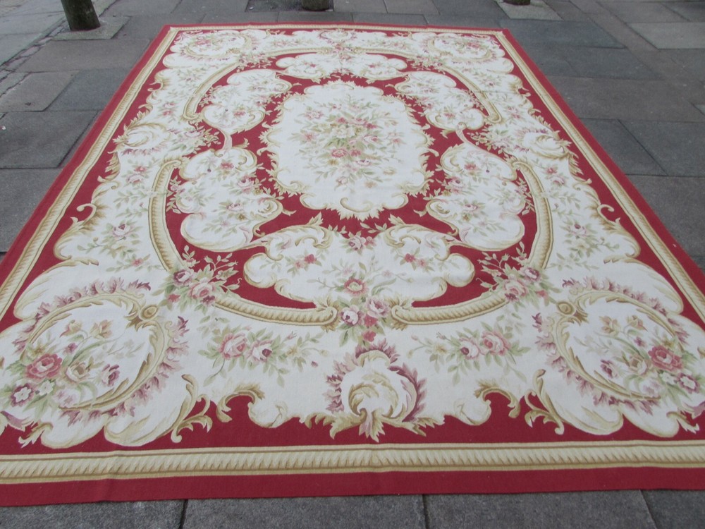 Vintage Hand Made French Design Wool Red Large Original Aubusson 366X271cm
