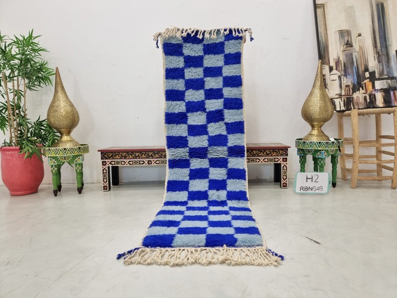 Moroccan Handmade Beni Ourain Runner 2'1x7'2 Berber Checkered Blue Wool Carpet gallery