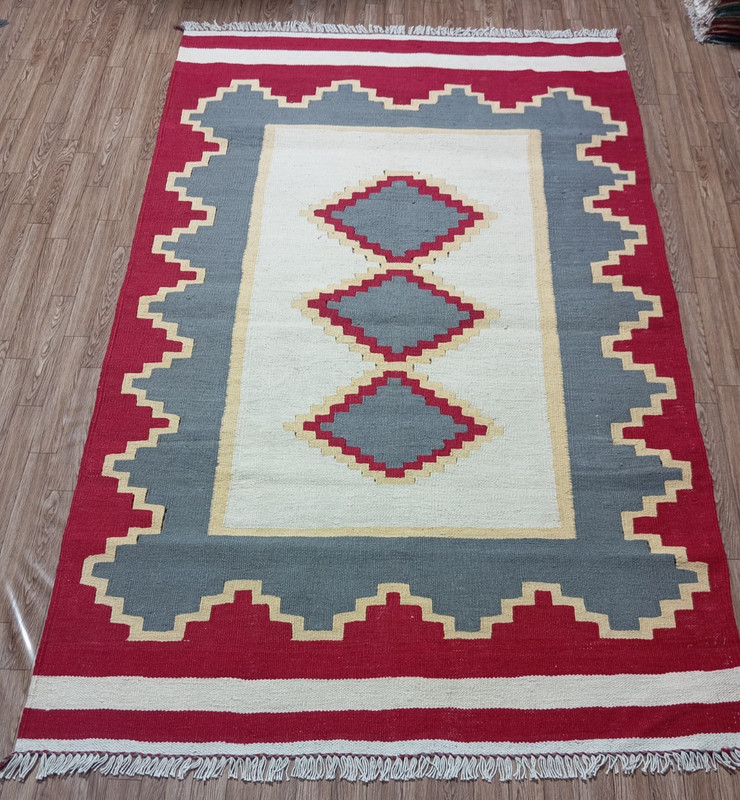 Afghani Kilim Rug Hand-Woven 6x3 ft Geometric Red Gray White Flatweave Area Carp gallery