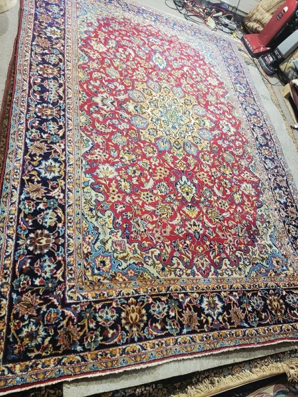 Vintage Hand-Knotted Wool Rug 8x11 – Elegant Oriental Red Field Blue Border gallery