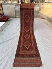 Vintage Afghan Baluchi Mishwani Runner Rug – Red Handwoven Hallway, Kitchen Rug