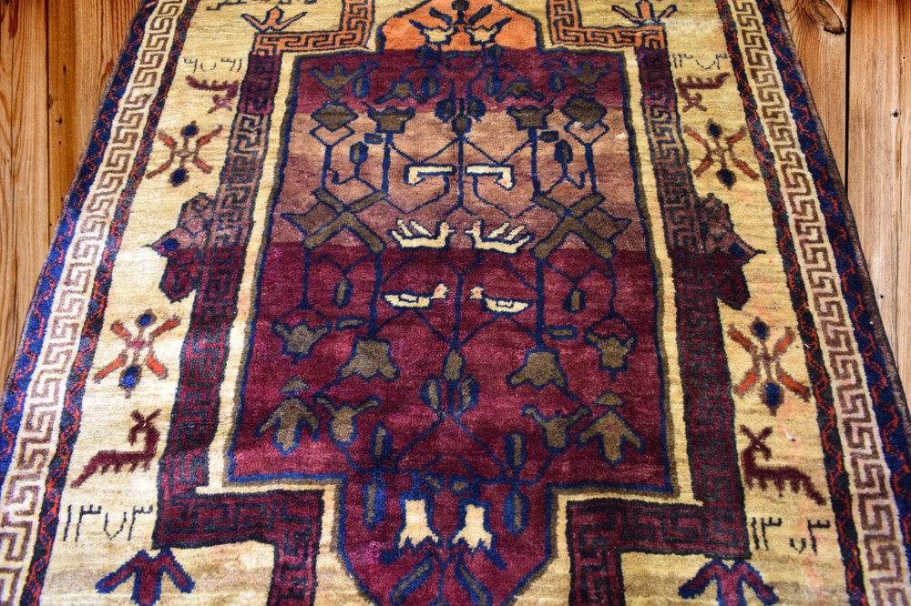 Rug. Handmade Wool Area Rug 5 x 7'5 Vintage Signed Dated Geometric Animal Design