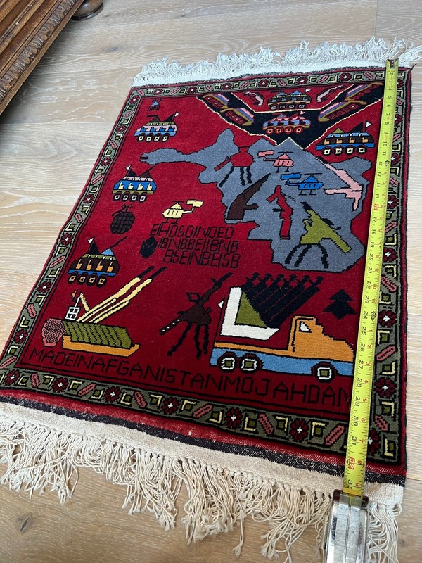 Handmade Afghan Pictorial War Rug Mat | Vintage | Rare | 25” x 33" | Red gallery