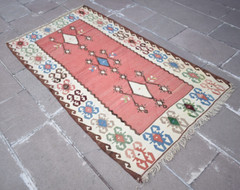 Turkish Rug 39” x 72” Vintage Anatolian Flat Woven Rug Organic Wool Area Rug
