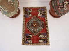 Vintage Turkish Door Mat 2×3 ft | Handmade Wool Red Blue Rug | 52×86 cm