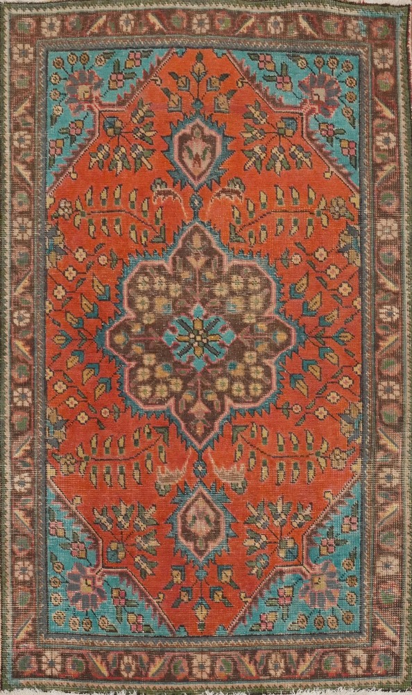 Orange Wool Floral Traditional Accent Rug 3x5 ft Hand-knotted Distressed Carpet
