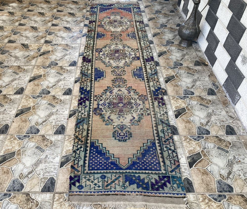 1970s Vintage Turkish Runner Rug | 2.5 x 10.3 ft Hand-Knotted Wool Geometric Rug