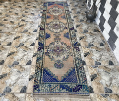 1970s Vintage Turkish Runner Rug | 2.5 x 10.3 ft Hand-Knotted Wool Geometric Rug