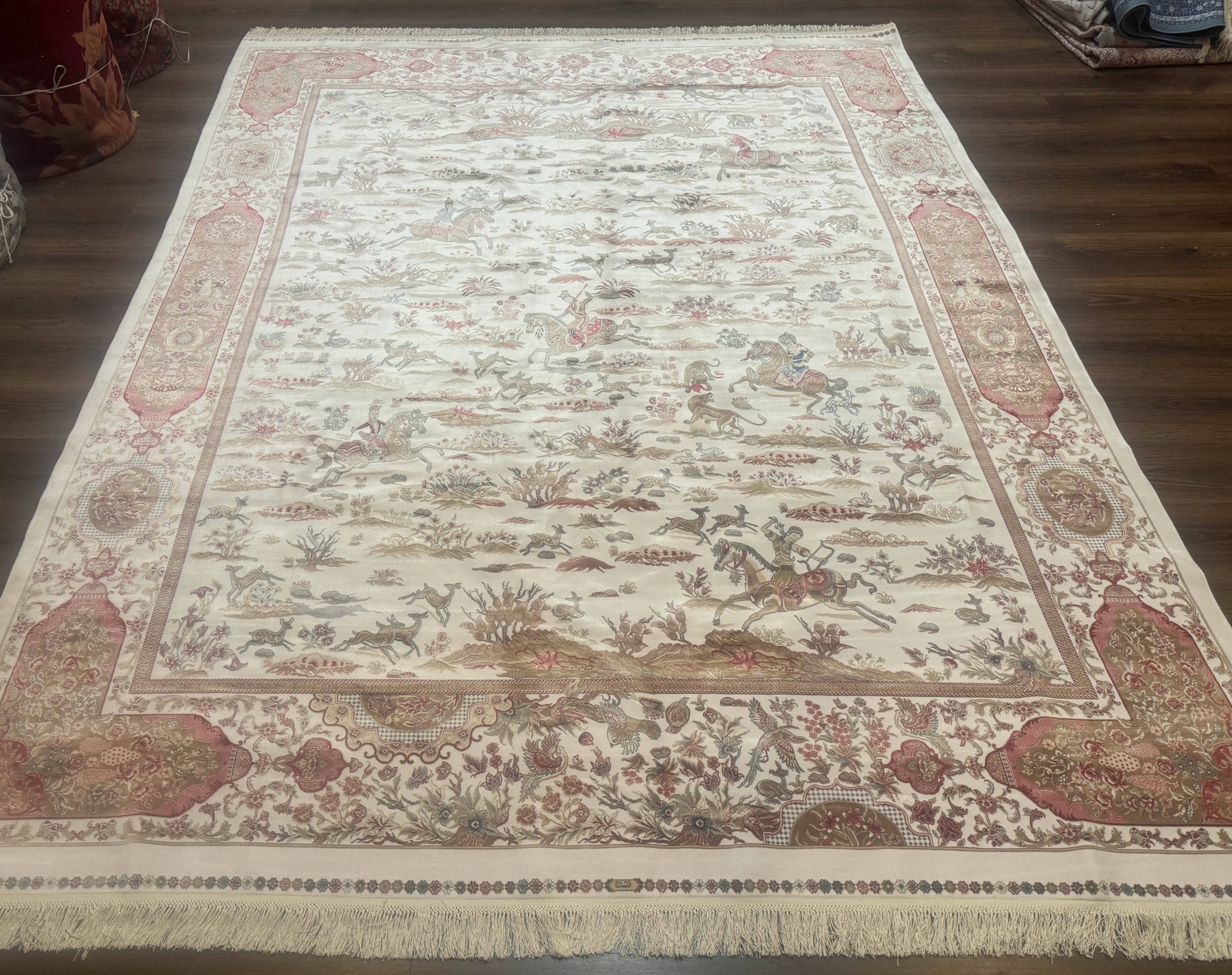 Large Turkish Silk Rug 8x10, Ivory, Hunting Design, New gallery