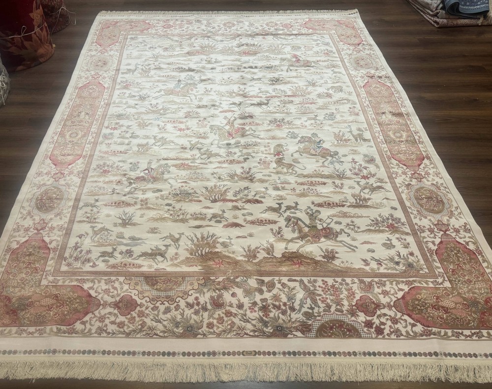 Large Turkish Silk Rug 8x10, Ivory, Hunting Design, New