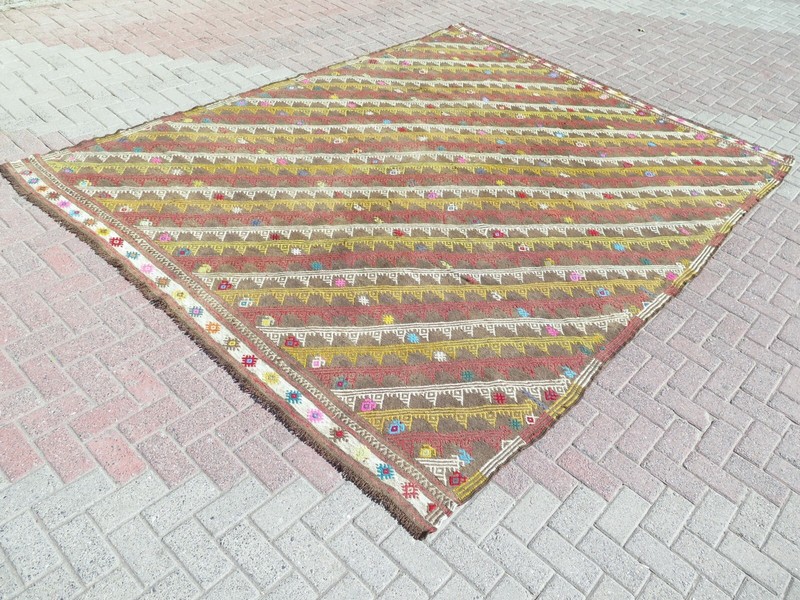 Striped Large Vintage Anatolian Area Rug, Wool Handmade Boho Kelim 98"x132" gallery